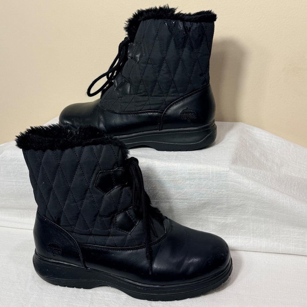 Totes Catskill women's Black Quilted Faux‎ Fur Lined Winter Snow Boots Size 7 - Picture 4 of 15